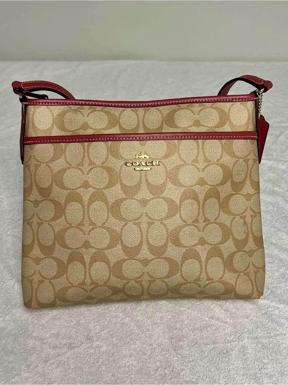Coach Signature Canvas Crossbody Bag Khaki Pink Leather Trim File Bag F21997